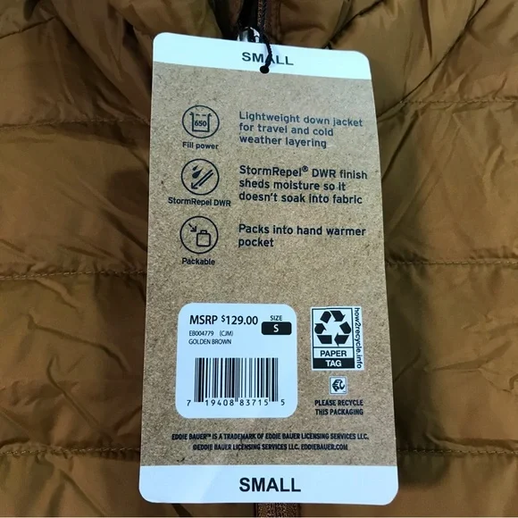 Eddie Bauer Down Packable Zip Down Jacket, Men's Size S - Golden Brown